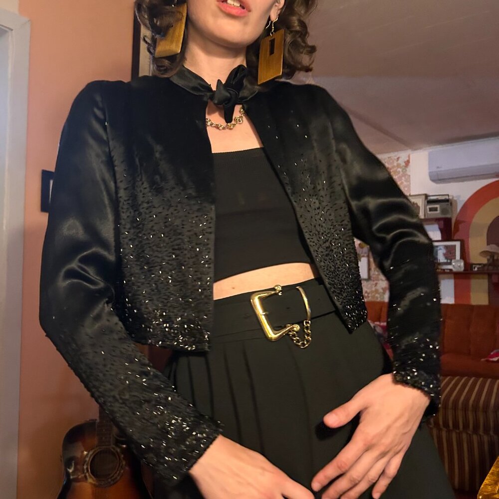 1940s Silk hand beaded hand made tie neck cropped long sleeve black evening bole